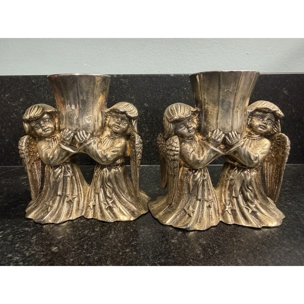 Vintage International Silver Co. Angel Candle Holders Pair‎ Cherub Winged 3.5